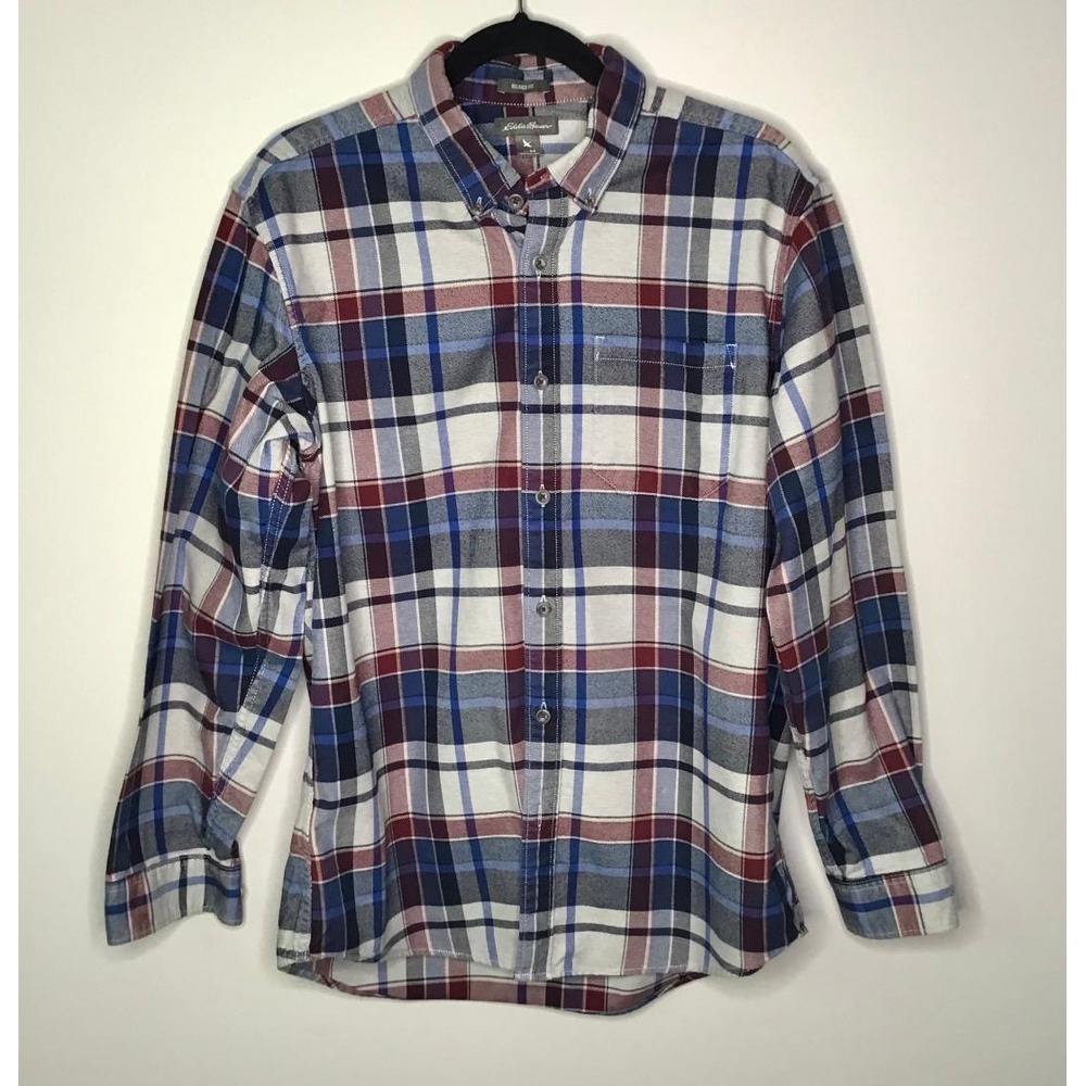 Eddie Bauer Mens Relaxed Fit Flannel Plaid Button Down Shirt Size M Work Western